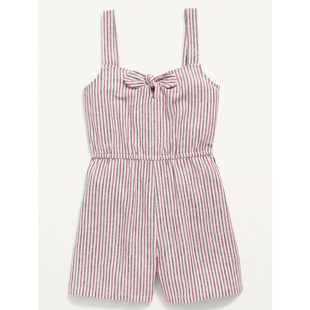 Old Navy Romper Girls XL 14-16 Red White Blue Striped Linen Blend Tie Front